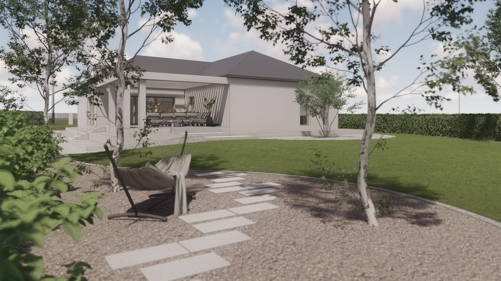 Wizualizacja 3D ogrodu ze sciezka i nasadzeniami na etapie koncepcji