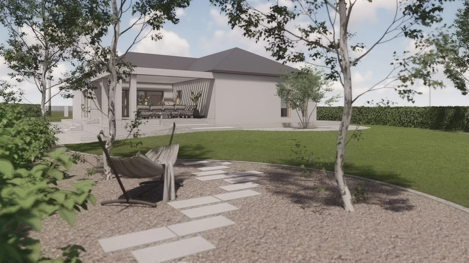 Wizualizacja 3D ogrodu ze sciezka i nasadzeniami na etapie koncepcji