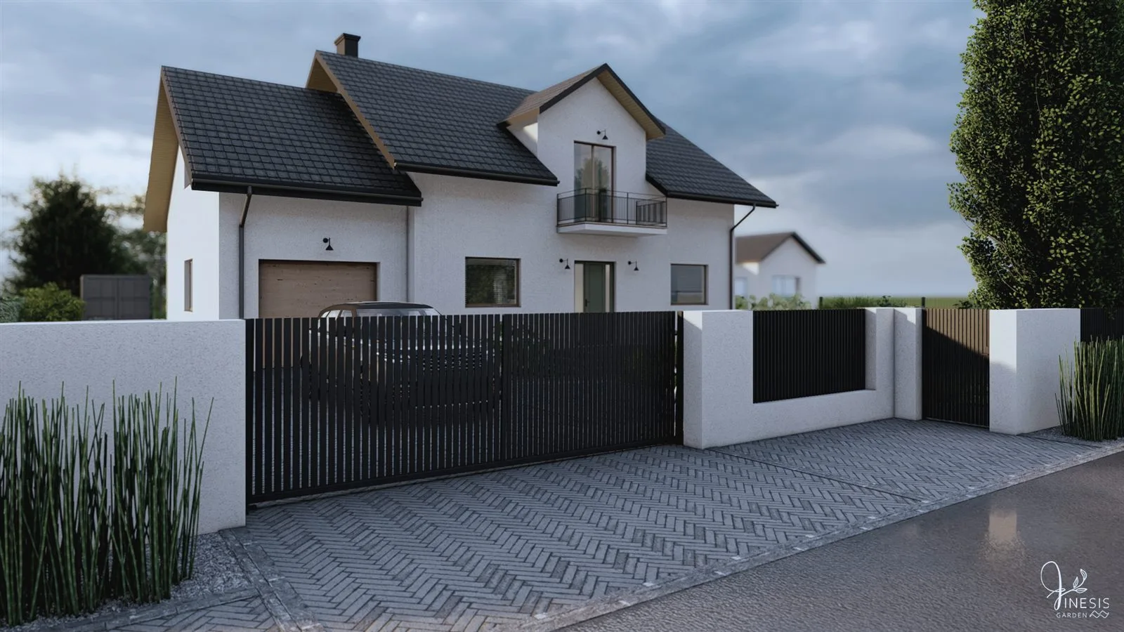 Front domu z jasną elewacją, bramą wjazdową i nowoczesnym ogrodzeniem z paneli